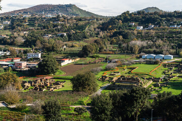 The lower city of Cumae seen from the acropolis at Cumae archaeological park, Pozzuoli, Italy