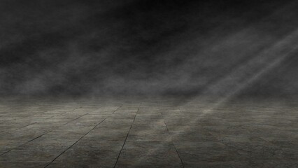 Szene bei Nacht, alter steinerner Boden mit Nebeldunst und Lichtstrahlen