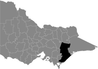 Black flat blank highlighted location map of the SHIRE OF WELLINGTON AREA inside gray administrative map of areas of the Australian state of Victoria, Australia