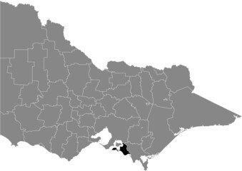 Black flat blank highlighted location map of the BASS COAST SHIRE AREA inside gray administrative map of areas of the Australian state of Victoria, Australia