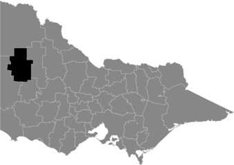 Black flat blank highlighted location map of the SHIRE OF HINDMARSH AREA inside gray administrative map of areas of the Australian state of Victoria, Australia