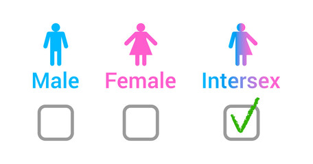 Vector flat set of gender male, female and intersex icons and check boxes isolated on white background.