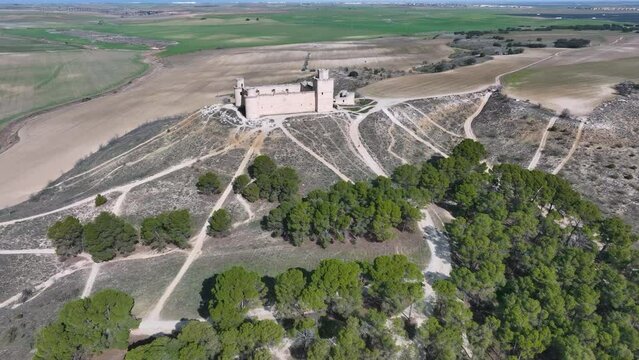 Aerial view from a drone of the Castillo de Barcience near Torrijos in the Province of Toledo, Castilla-La Mancha, Spain, Europe