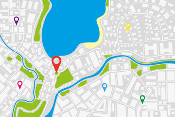 Navigation concept with pin point on map of city