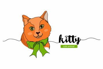 Continuous one simple single abstract line drawing of logo head face cat kitty icon in silhouette on a white background. Linear stylized.