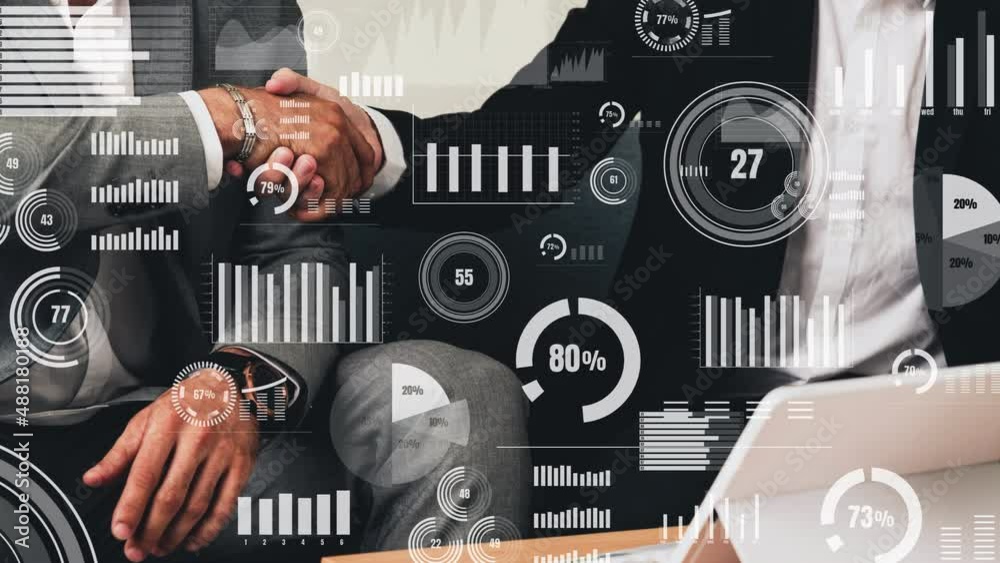 Poster conceptual business handshake with dashboard for financial data analysis . 3d render computer graphi