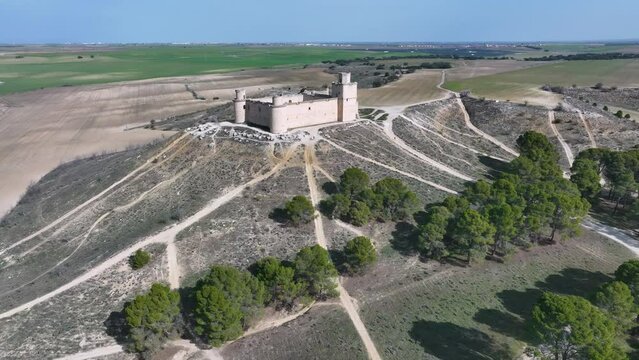 Aerial view from a drone of the Castillo de Barcience near Torrijos in the Province of Toledo, Castilla-La Mancha, Spain, Europe