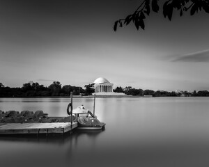 Black and white photo of the Jefferson Memorial and tidal basin, Washington, D.C. 