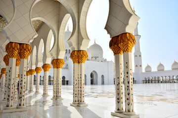 Sheikh Zayed Grand Mosque, world's largest mosque located in Abu Dhabi, .in United Arab Emirates, marble inlaid pillars with golden details
