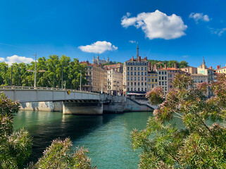 Fototapeta premium Pont de la Feuillee (Leaf bridge), over the Saone river. Lyon, France