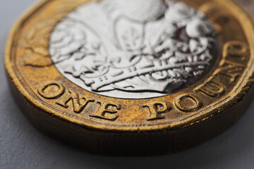 The British one pound sterling coin is lying on a grey surface. Economy, money and banking in England. Focus is on the inscription with nominal value and name of the UK currency. Macro