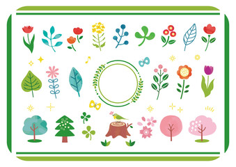 春の花と植物の水彩風手描きイラストセット / 桜、花、木、植物、飾り