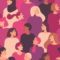 Female diverse faces of different ethnicity. Vector seamless pattern with women of different nationalities and cultures. Women's struggle for freedom, independence, equality.