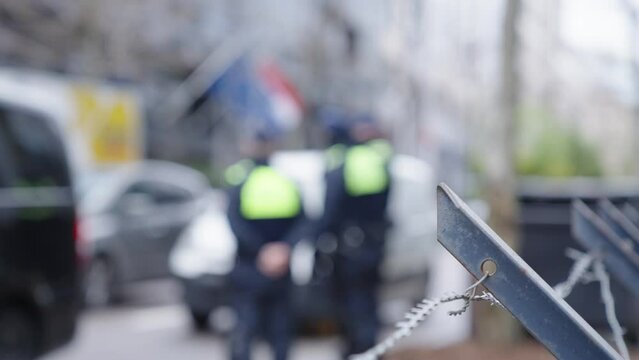 Belgian police controlling road traffic to prevent freedom convoys entering the city center of Brussels, Belgium to block major roads. Convoy inspired by truckers&rsquo; COVID restrictions in Canada