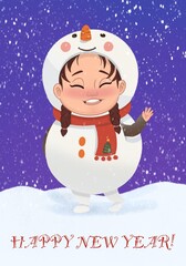 Design of Christmas card, kids illustration, snowman