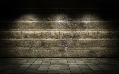industrial concrete wall studio background with spot lights and tile floor 3d render illustration
