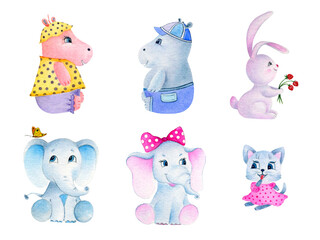Obraz premium Collection of cute animals in cartoon isolated flat style on white background. Watercolor illustration design template. Hippos, elephants, a hare, a kitt.