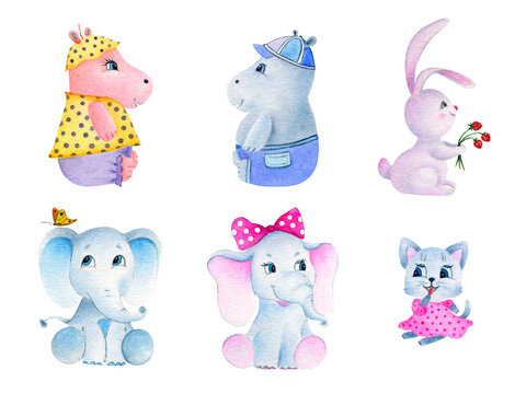 Collection of cute animals in cartoon isolated flat style on white background. Watercolor illustration design template. Hippos, elephants, a hare, a kitt.
