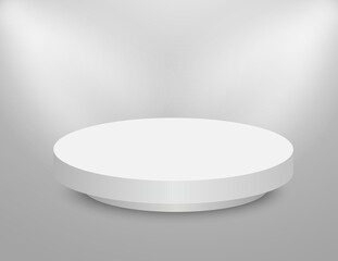 Podium 3D round stage. Circle white pedestal. Empty vector showroom platform