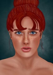 Portrait of a sad, expressive,  insecure and beautiful woman with red hair