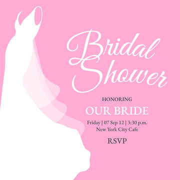 Bridal Shower invite with Bride wedding dress on pink background