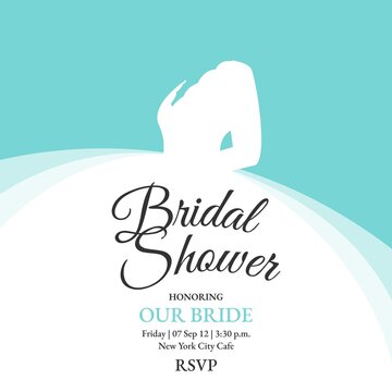 Bridal Shower invite with Bride wedding dress on blue background