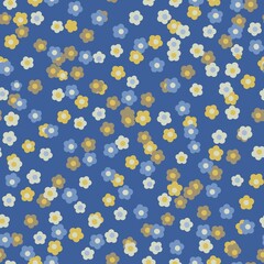 Simple abbstract pattern of little white, yello and blue flowers on blue background. Floral seamless backdrop in liberty style for textile, book covers, wallpapers, gift wrap, scrapbooking.