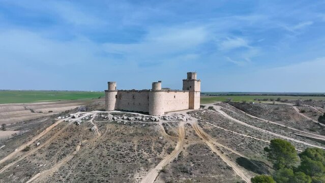 Aerial view from a drone of the Castillo de Barcience near Torrijos in the Province of Toledo, Castilla-La Mancha, Spain, Europe