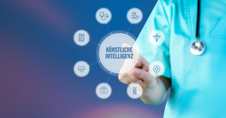 Künstliche Intelligenz (KI). Arzt zeigt auf digitales medizinisches Interface. Text umgeben von Icons, angeordnet im Kreis.