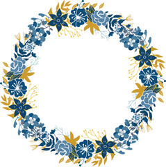 Round nature frame with blue and yellow flowers and leaves