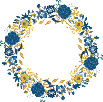 Round nature frame with blue and yellow flowers and leaves
