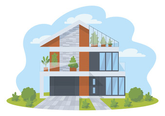 Modern two-storey house with a balcony, garage, entrance, environment, glazed winter garden on the roof. Contemporary eco friendly green modern home isolated. Vector illustration, sign, symbol, object