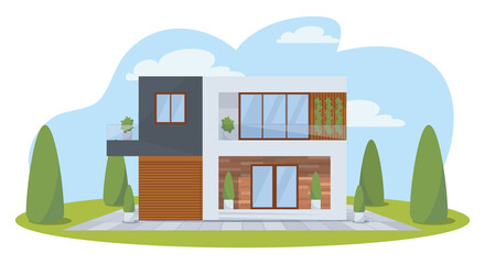 Contemporary industrial two-storey house with balcony, garage, entrance, environment. Modern suburban house facade isolated. Vector illustration, sign, simbol, object