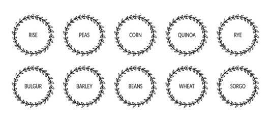 Black and white round labels for cereals. Food labels with floral frame. For labeling kitchen containers. Vector set
