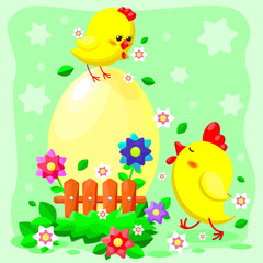 Obraz na płótnie Canvas Beautiful easter illustration of chicken friends on a floral background