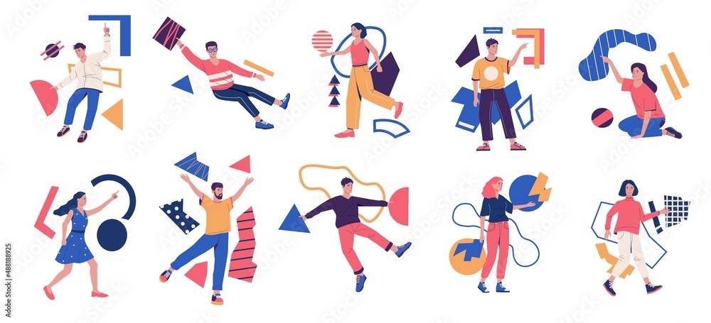 Aufkleber People with abstract shapes. Creative process and finding idea metaphor. Women and geometric figures. Men with contour spots. Circles and squares. Vector business brainstorming concept