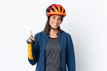 Young cyclist brazilian girl isolated on white  background showing and lifting a finger in sign of the best