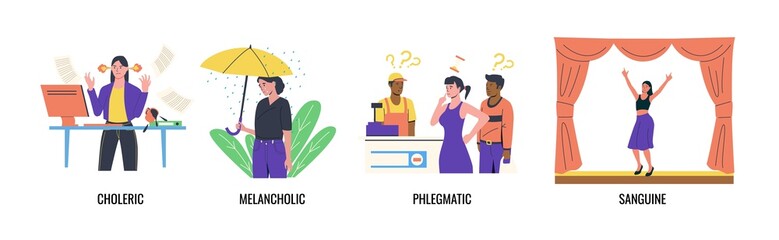 Characters with different temperament. Boys or girls with choleric, sanguine, phlegmatic, melancholic psychological type of mental individuality. Vector set of behavior classification - obrazy, fototapety, plakaty