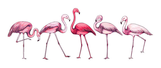 Pink flamingo. Hand drawn tropical bird collection in various poses. Isolated feathered animal with wings and beak. Paradise fauna. Nature sketch. Africa wildlife. Vector engraved fowl set © SpicyTruffel