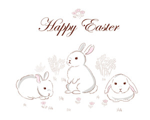 Obraz na płótnie Canvas Cute easter bunny vector illustration, hand drawn three bunnies. Greeting card with the inscription 