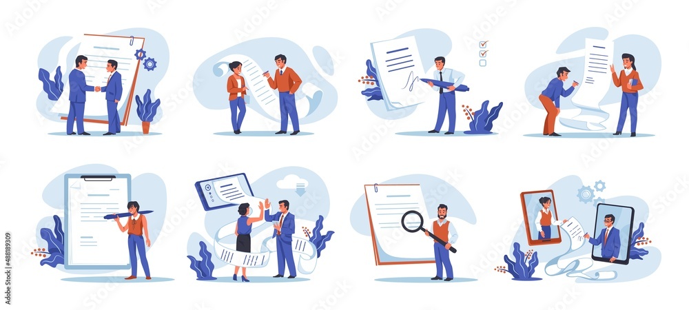 Poster people sign document. characters signing contract and setting arrangement. businessmen communication