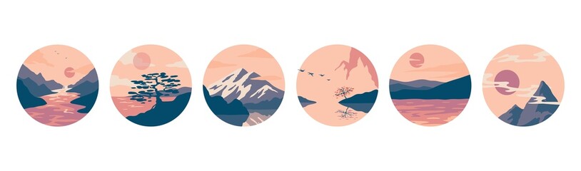 Abstract social media covers. Circle layouts with vintage grungy shapes. Round frames with scenic panoramas. Mountains and river scenery. Highlands landscape. Vector account banners set
