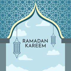 The background of Ramadan with islamic mosque ornaments and blue lanterns and beautiful clouds