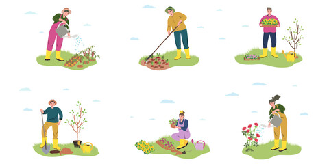 Gardeners set, spring,summer - modern flat vector illustration concept of different people - men and women doing gardening - watering, planting, pruning, hoe, organizing spring gardening concept