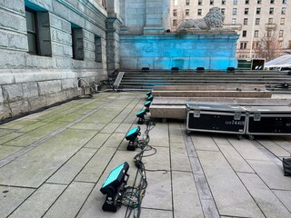 Blue LED lights set up to light a building for an architectural lighting project