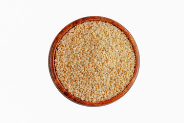 Sesame seeds in a wooden bowl, on a white background