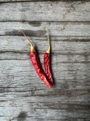 Dried red chilli on brown wood background