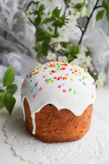 Easter card. traditional easter cake, colorful easter eggs and willow twigs 