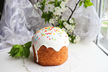 Easter card. traditional easter cake, colorful easter eggs and willow twigs 