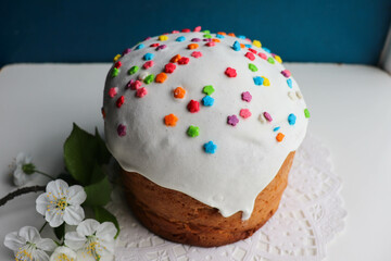 Easter card. traditional easter cake, colorful easter eggs and willow twigs 